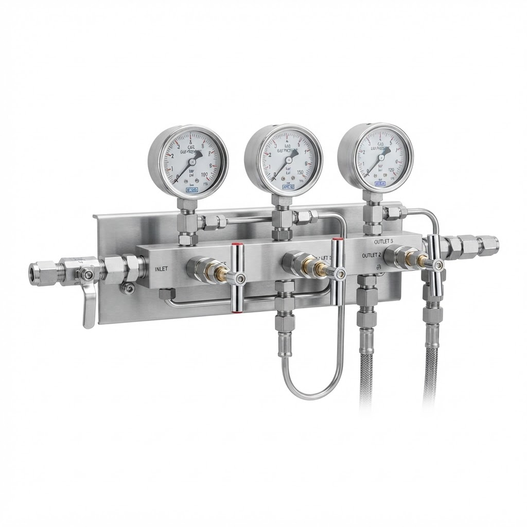 Manifold de acero inoxidable con manómetros de precisión